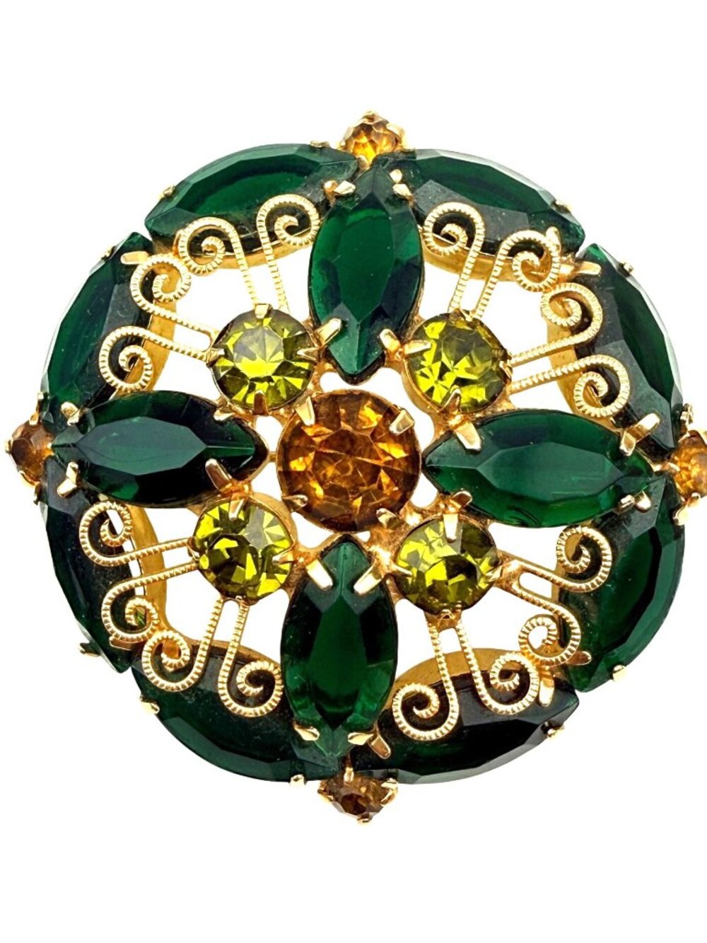 Vintage Juliana D&E Green & Amber Rhinestone Gold Filigree Brooch Verified Piece
